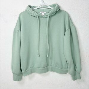 Nine West Pullover Hoodie Women’s M Sage Puff Sleeve Crop Cozy Fleece Sweatshirt